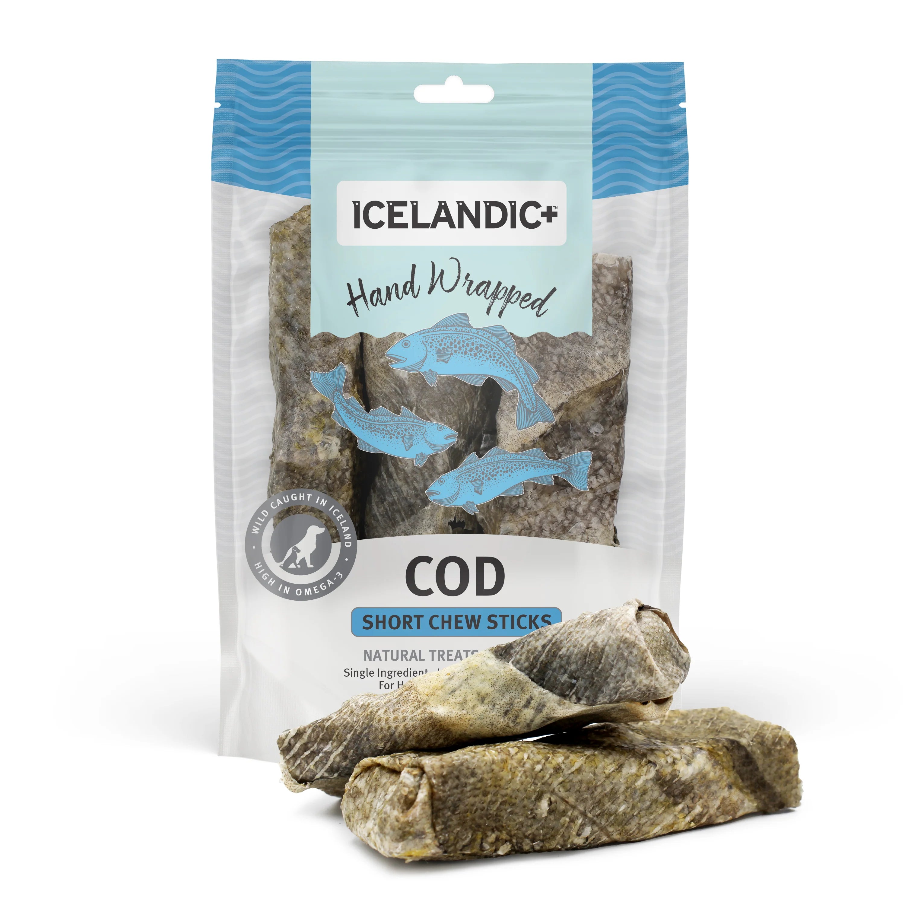 Icelandic+ Cod Chew Sticks are hand wrapped by skilled and knowledgeable craftsman in Iceland, sustainably wild-caught, 100% natural, and free of additives or preservatives.