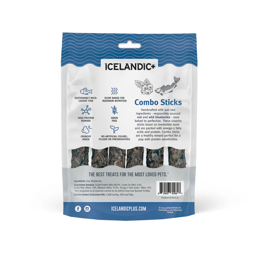 Icelandic+ Cod and Blueberry Combo Sticks are sustainably sourced, wild-caught, 100% natural, and free of additives or preservatives. Dogs love the irresistible taste and satisfying crunch of these protein packed treats, making them a perfect reward for dogs with protein sensitivities.