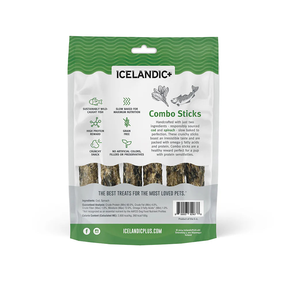 Icelandic+ Cod and Spinach Combo Sticks are sustainably sourced, wild-caught, 100% natural, and free of additives or preservatives. Dogs love the irresistible taste and satisfying crunch of these protein packed treats, making them a perfect reward for dogs with protein sensitivities.