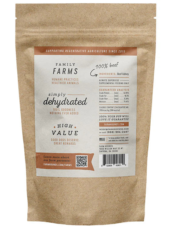 Farm Hounds dehydrated beef kidney treats are made in the USA and sourced from 100% grass-fed cattle. Treats are free of salt, sugars, fillers, chemicals, and preservatives.