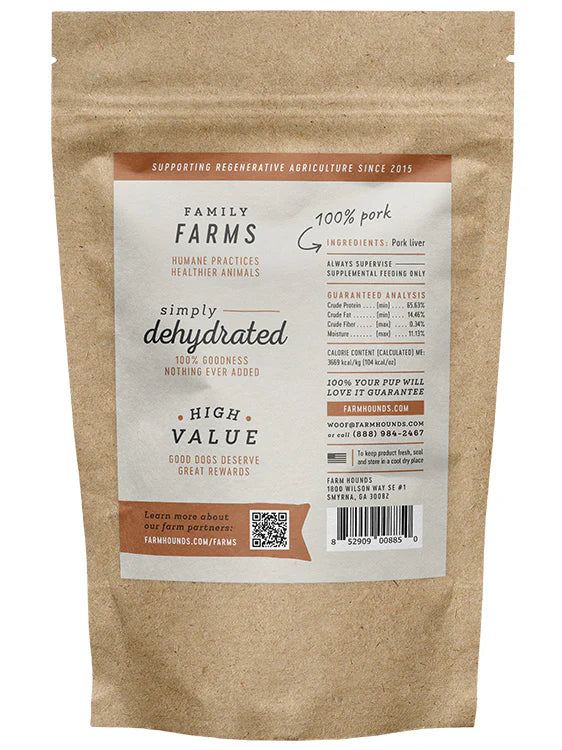 Farm Hounds dehydrated pork liver treats are made in the USA and sourced from 100% pasture-raised pork. Treats are free of salt, sugars, fillers, chemicals, and preservatives.