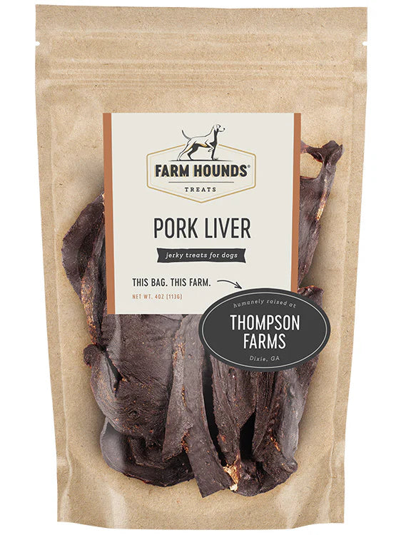 Farm Hounds dehydrated pork liver treats are made in the USA and sourced from 100% pasture-raised pork. Treats are free of salt, sugars, fillers, chemicals, and preservatives.