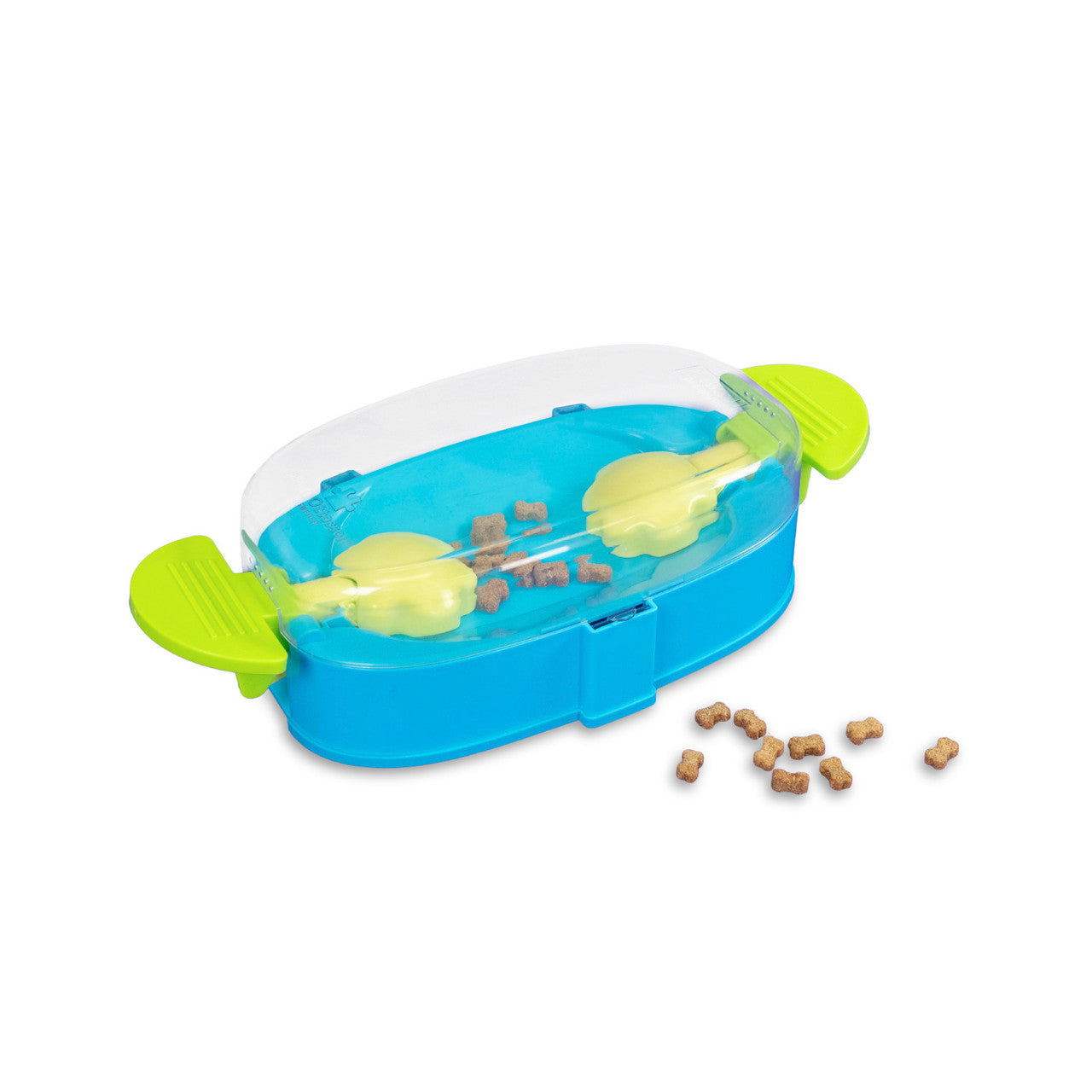 The Paw N' Play dog puzzle is a fun way to enrich your dog's playtime. It features a large base you can fill up with 1/3 cup of dry food or treats that are released when your dog presses down on the handle to move the "paws" and grab the food inside. Puzzle is easy to clean and made from food-safe materials.